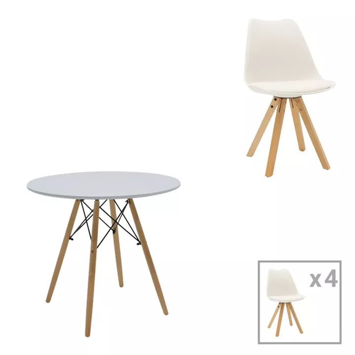 Julita-Caron pakoworld dining table set of 5 white MDF-natural legs Φ80x73cm