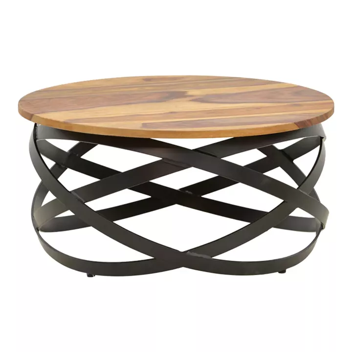Monar pakoworld table, solid sheesham wood in walnut color with black metal legs, Φ60x30cm