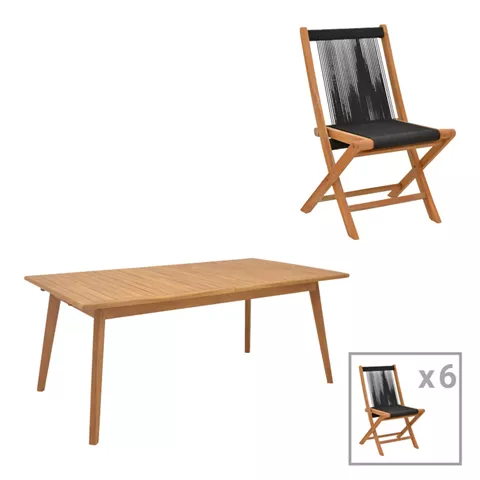 Dining set 7 pcs Banou-Pino pakoworld teak wood in natural - black shade 180/240x100x75cm