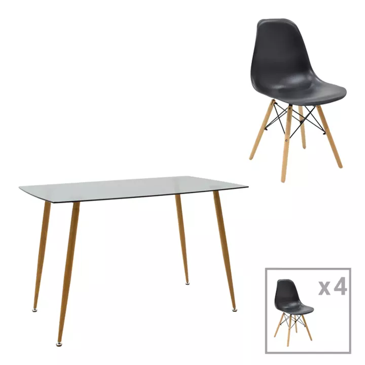 Chloe-Julita pakoworld dining table set of 5 pieces, 8mm anthracite glass - natural leg 120x70x75cm