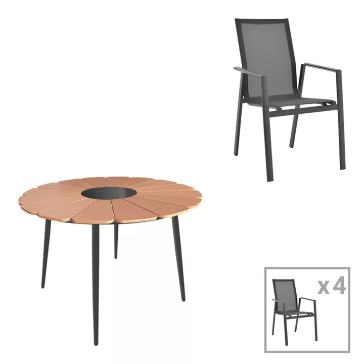 Pinap-Dashiell dining table set of 5 pcs pakoworld black aluminum and plywood in natural shade Φ110x74cm