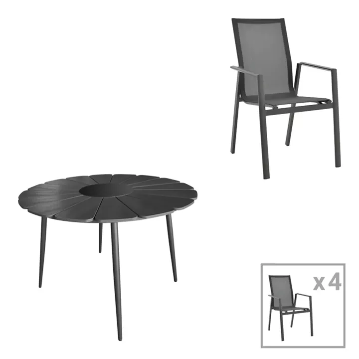 Pinap-Dashiell dining table set of 5 pcs pakoworld black aluminum and plywood in black shade Φ110x74cm