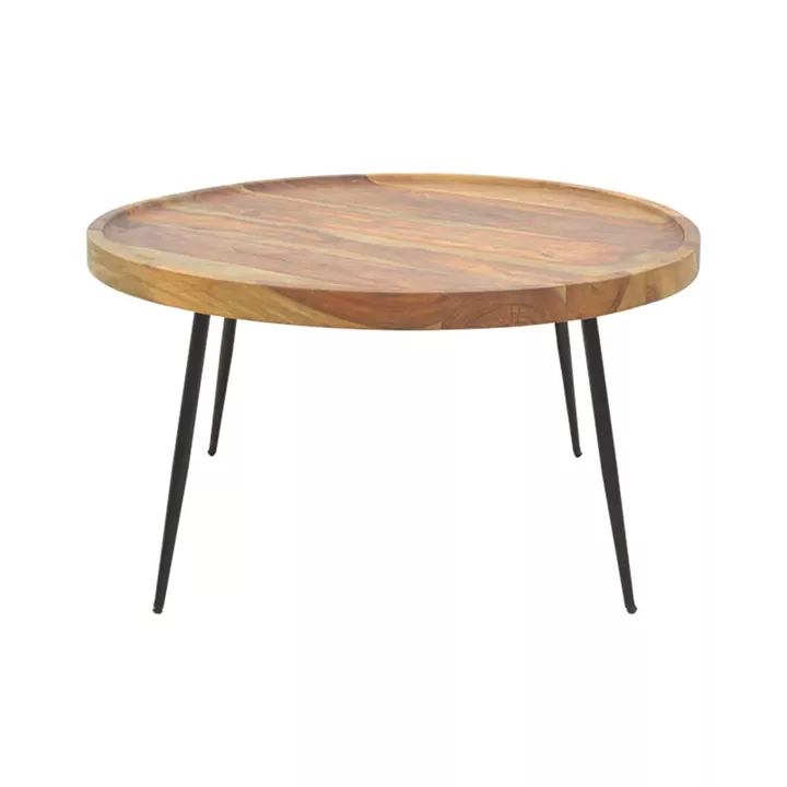 Tavolo pakoworld table, solid sheesham wood in walnut color with black metal legs, Φ75x39cm