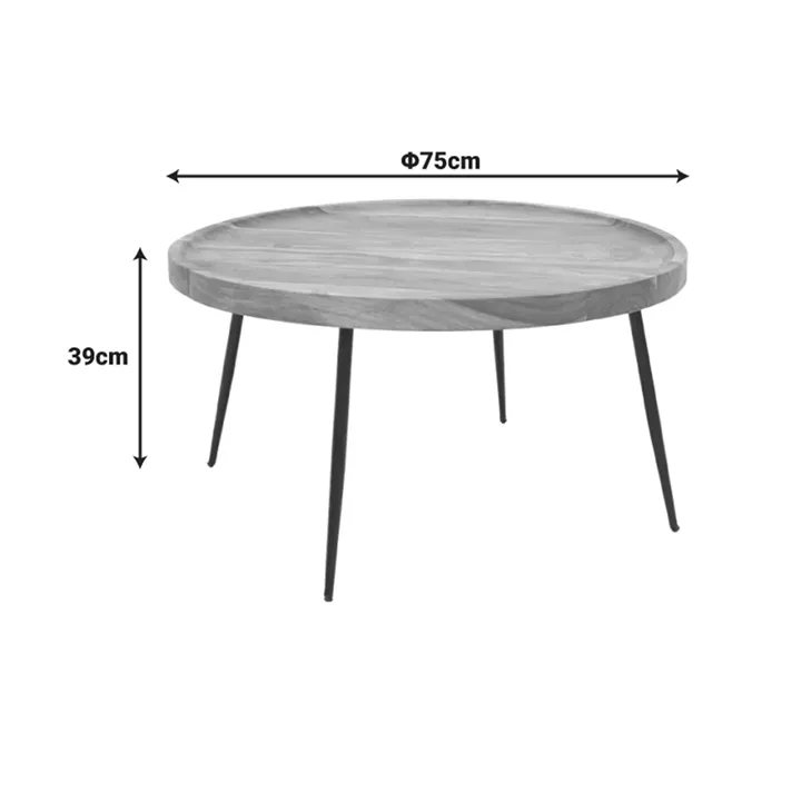 Tavolo pakoworld table, solid sheesham wood in walnut color with black metal legs, Φ75x39cm