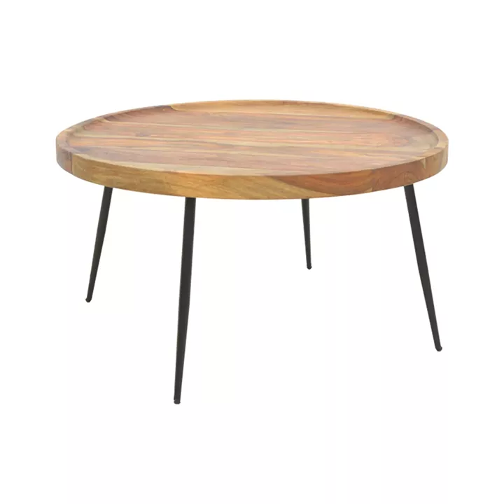 Tavolo pakoworld table, solid sheesham wood in walnut color with black metal legs, Φ75x39cm