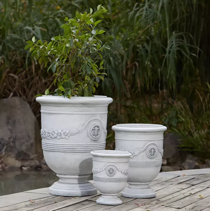 GARDEN PLANTERS WITH RELIEF DESIGNS SET 3PCS GARDENER HM4729 FIBERCLAY IN OFF WHITE Φ57.5x72.5Hcm.
