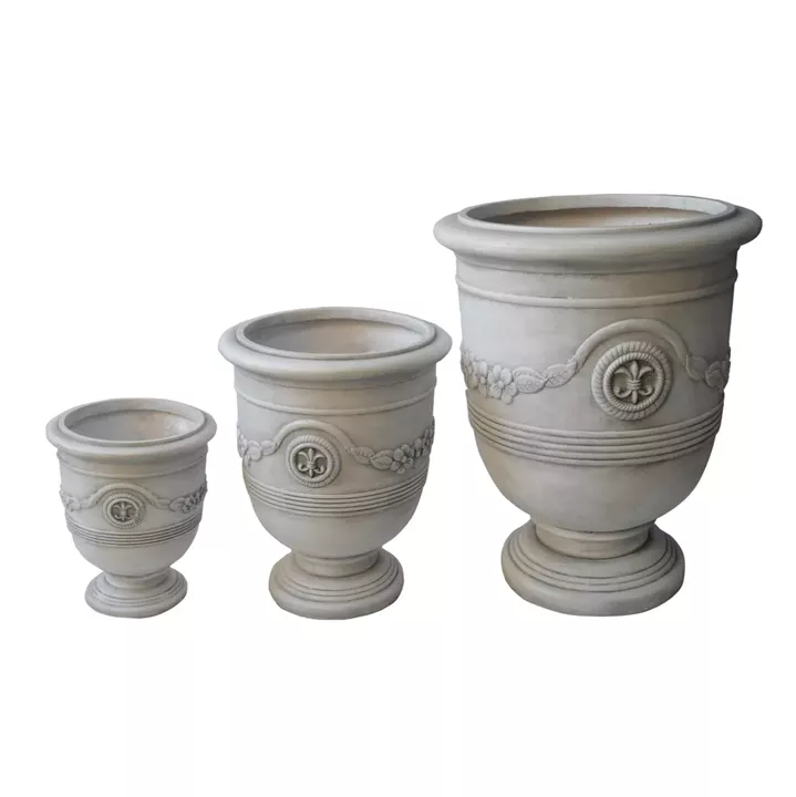 GARDEN PLANTERS WITH RELIEF DESIGNS SET 3PCS GARDENER HM4729 FIBERCLAY IN OFF WHITE Φ57.5x72.5Hcm.