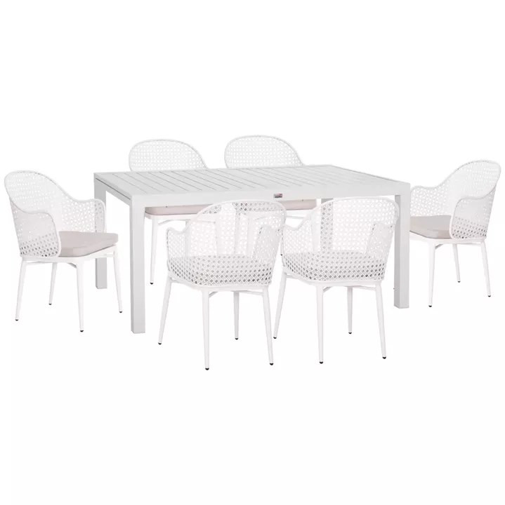 OUTDOOR DINING SET KRUM HM21131.04 DINING TABLE WITH 6 ARMCHAIRS--WHITE ALUMINUM