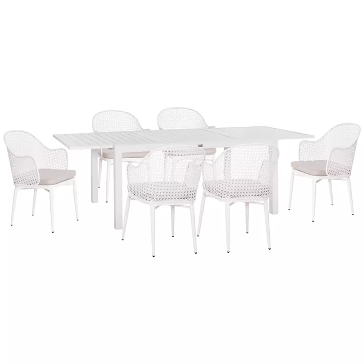 OUTDOOR DINING SET KRUM HM21131.04 DINING TABLE WITH 6 ARMCHAIRS--WHITE ALUMINUM