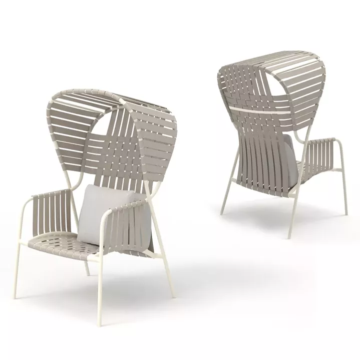 ALUMINUM ARMCHAIR STUNNER SM6323 IVORY FRAME & CUSHIONS WITH BEIGE STRAP ROPE 95x106x165Hcm.