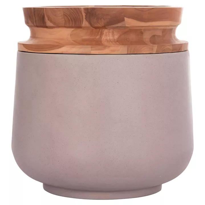 DECORATIVE FLOOR VASE LINTER HM4662.05L FIBER CEMENT IN MATTE GREY--TEAK WOOD Φ41x47Hcm.
