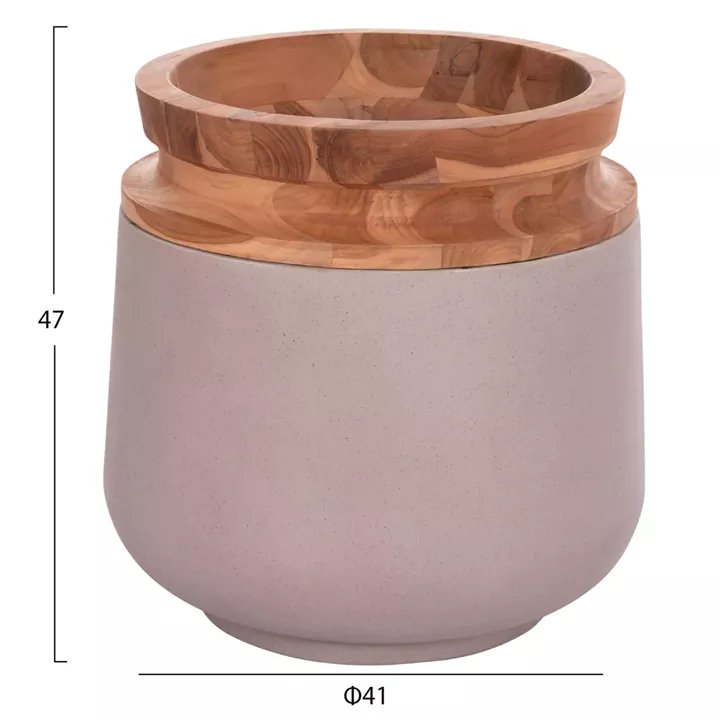 DECORATIVE FLOOR VASE LINTER HM4662.05L FIBER CEMENT IN MATTE GREY--TEAK WOOD Φ41x47Hcm.