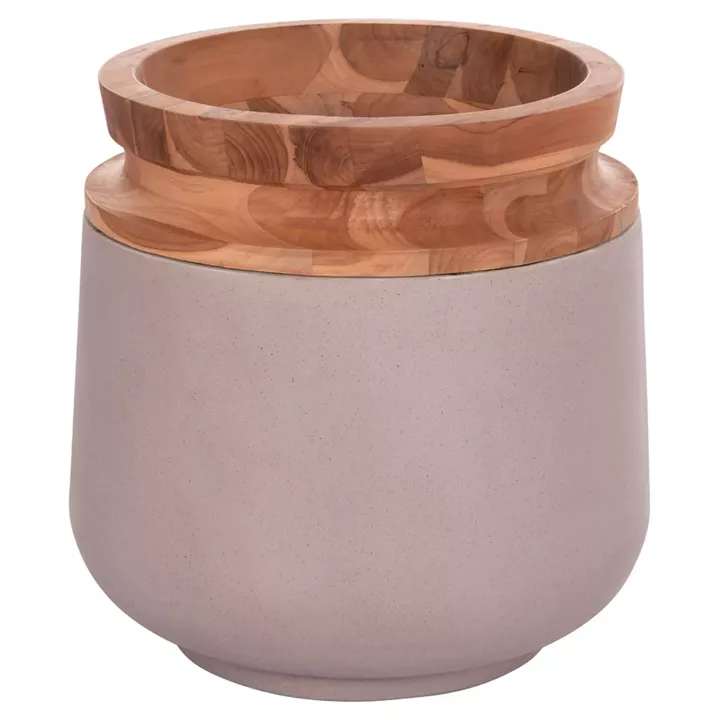 DECORATIVE FLOOR VASE LINTER HM4662.05L FIBER CEMENT IN MATTE GREY--TEAK WOOD Φ41x47Hcm.
