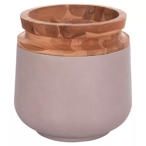 DECORATIVE FLOOR VASE LINTER HM4662.05L FIBER CEMENT IN MATTE GREY--TEAK WOOD Φ41x47Hcm.