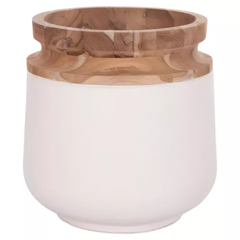 DECORATIVE FLOOR VASE LINTER HM4662.02L FIBER CEMENT IN WHITE--TEAK WOOD Φ41x47Hcm.