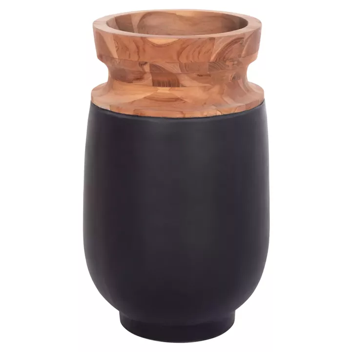 DECORATIVE FLOOR VASE LINTER HM4662.01S FIBER CEMENT IN BLACK--TEAK WOOD Φ34x60Hcm.