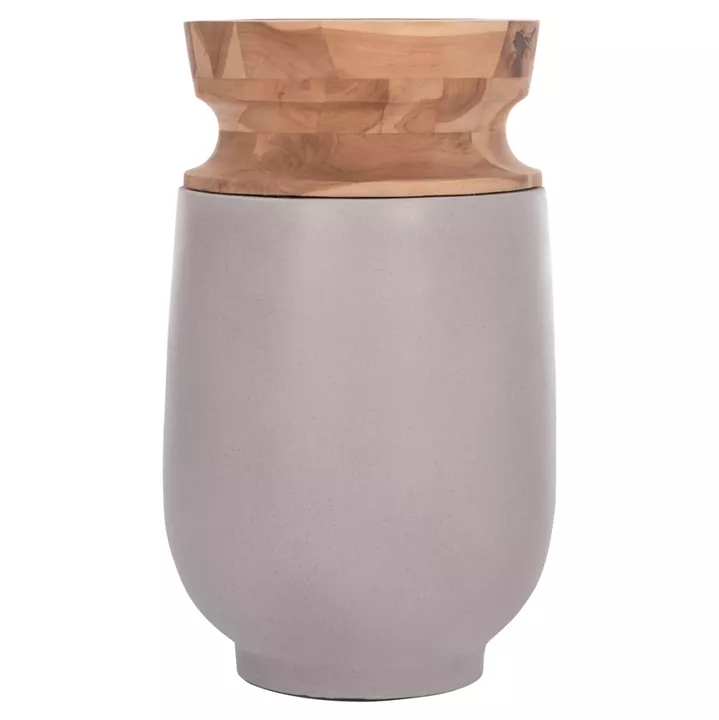DECORATIVE FLOOR VASE LINTER HM4662.03S FIBER CEMENT IN GREY--TEAK WOOD Φ34x60Hcm.