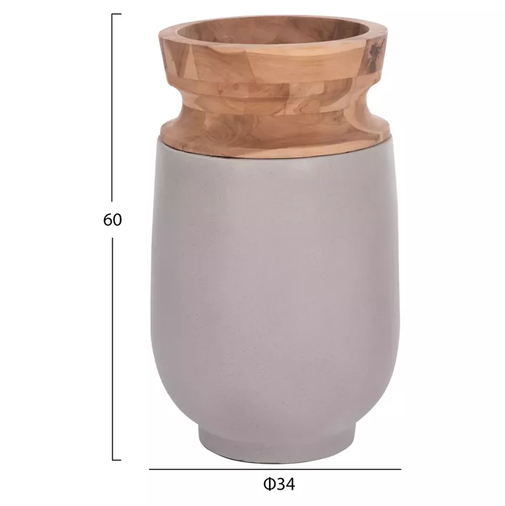 DECORATIVE FLOOR VASE LINTER HM4662.03S FIBER CEMENT IN GREY--TEAK WOOD Φ34x60Hcm.