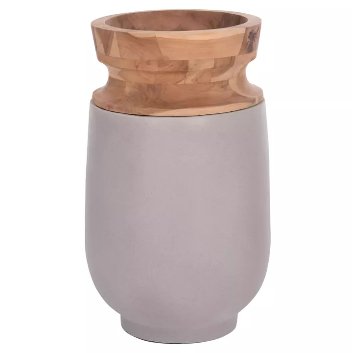 DECORATIVE FLOOR VASE LINTER HM4662.03S FIBER CEMENT IN GREY--TEAK WOOD Φ34x60Hcm.