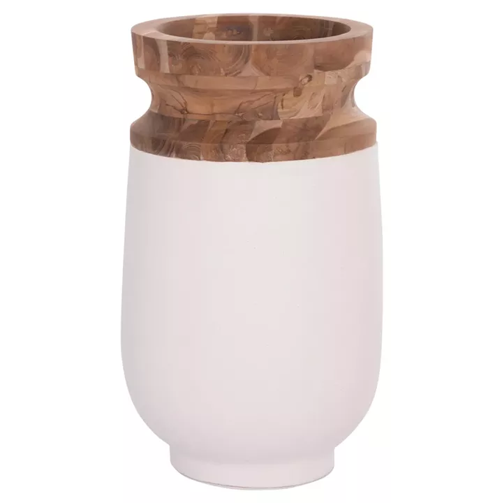 DECORATIVE FLOOR VASE LINTER HM4662.02S FIBER CEMENT IN WHITE--TEAK WOOD Φ34x60Hcm.