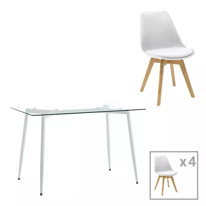 Quana-Gaston pakoworld dining table set of 5 pieces glass 8mm transparent - white 120x70x75cm