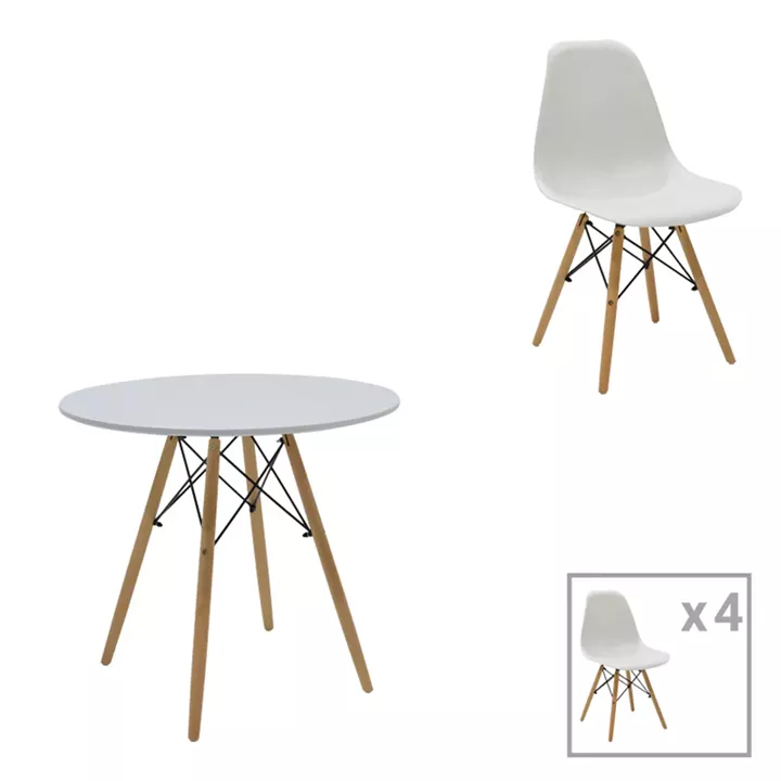 Julita dining table set of 5 pakoworld MDF and beech wood in white-natural shade D80x73cm