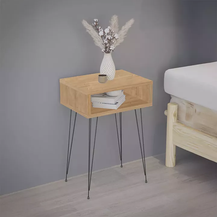 Naida pakoworld bedside table in oak shade - black metal legs 40x30x59cm