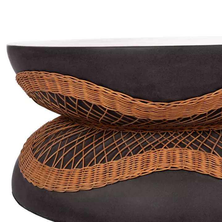 COFFEE TABLE ROUND ANNA HM18157.01 FIBER CEMENT IN BLACK-NATURAL RATTAN--Φ92x44.5Hcm.