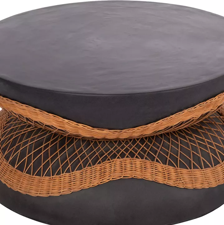 COFFEE TABLE ROUND ANNA HM18157.01 FIBER CEMENT IN BLACK-NATURAL RATTAN--Φ92x44.5Hcm.
