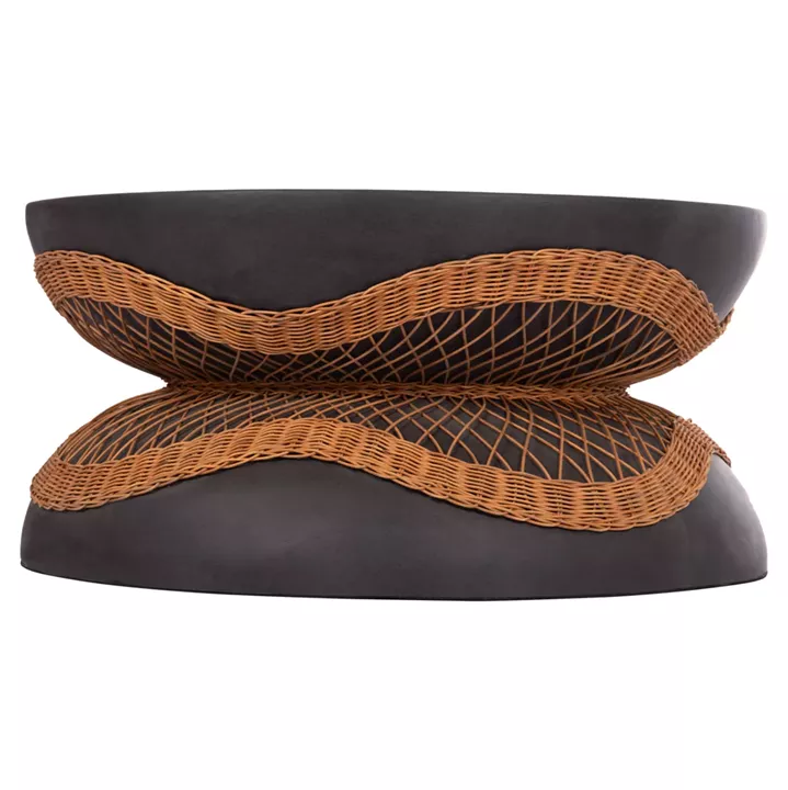 COFFEE TABLE ROUND ANNA HM18157.01 FIBER CEMENT IN BLACK-NATURAL RATTAN--Φ92x44.5Hcm.