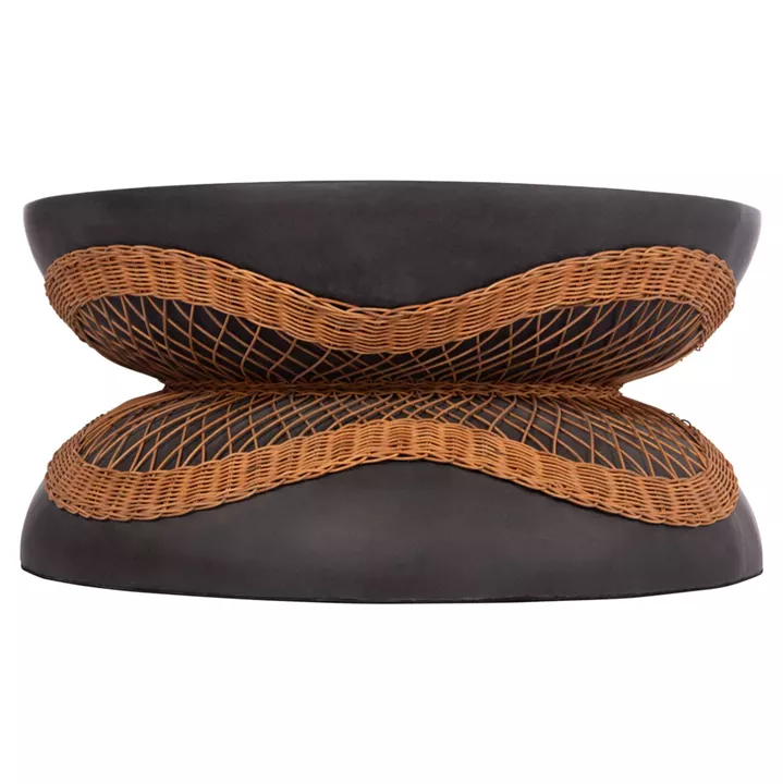 COFFEE TABLE ROUND ANNA HM18157.01 FIBER CEMENT IN BLACK-NATURAL RATTAN--Φ92x44.5Hcm.