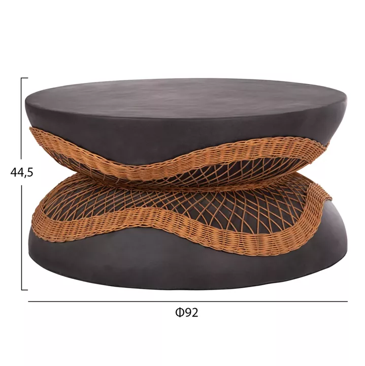 COFFEE TABLE ROUND ANNA HM18157.01 FIBER CEMENT IN BLACK-NATURAL RATTAN--Φ92x44.5Hcm.