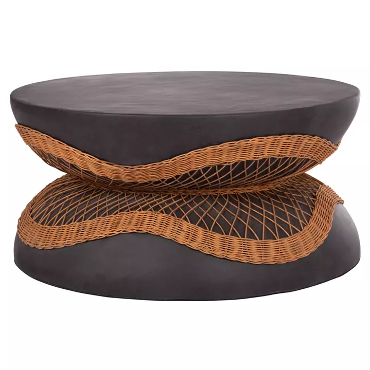 COFFEE TABLE ROUND ANNA HM18157.01 FIBER CEMENT IN BLACK-NATURAL RATTAN--Φ92x44.5Hcm.