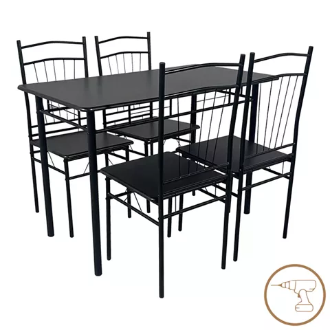 Dining table Roza II pakoworld set of 5 pcs mdf in black shade with black metal legs 110x60x74cm