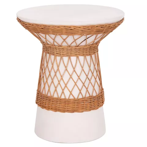 SIDE TABLE ROUND DELIA HM18167.02 FIBER CEMENT WHITE & RATTAN Φ40x45Hcm.