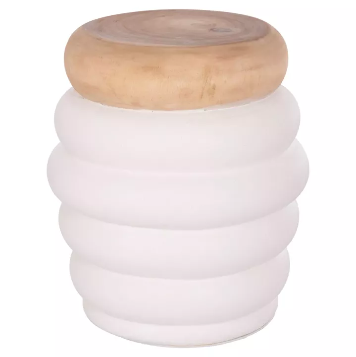 SIDE TABLE PUFFAT HM18172.02 FIBER CEMENT IN WHITE-TEAK WOOD TOP Φ45x46Hcm.