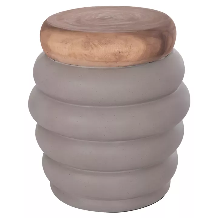 SIDE TABLE PUFFAT HM18172.03 FIBER CEMENT IN GREY-TEAK WOOD TOP Φ45x46Hcm.
