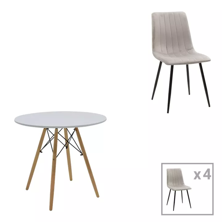 Dining table Julita-Noor pakoworld set of 5 pcs MDF white-grey-natural legs D80x76cm