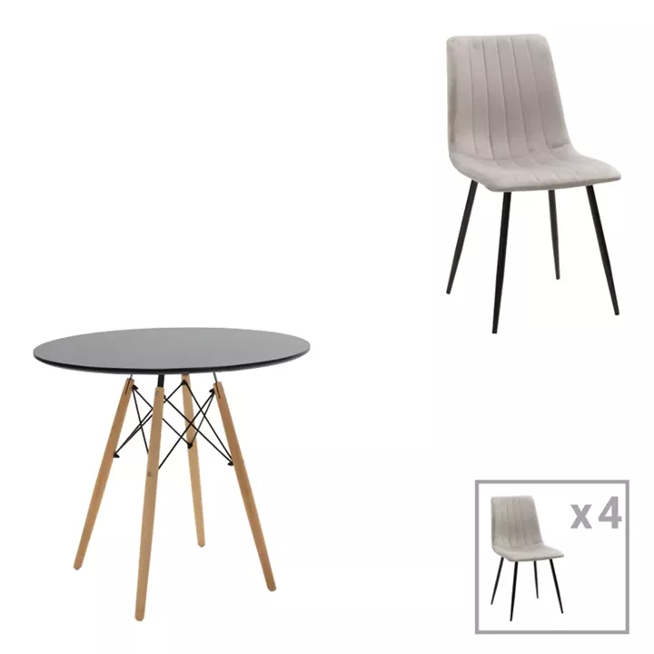 Τραπεζαρία Julita-Noor pakoworld σετ 5τεμ  MDF μαύρο-γκρι-πόδια φυσικό Φ80x73εκ