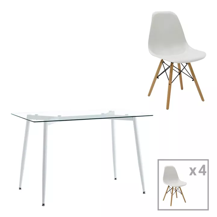 Quana-Julita pakoworld dining table set of 5 pieces glass 8mm transparent - white 120x70x75cm
