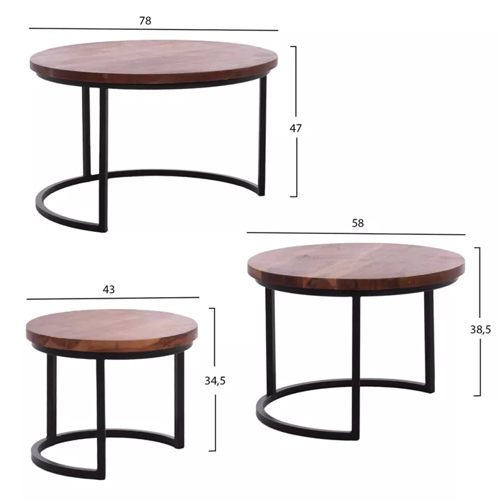 3 NESTING TABLES OBI HM9255 ACACIA WOOD WITH METAL BLACK LEGS 78x78x47H CM.