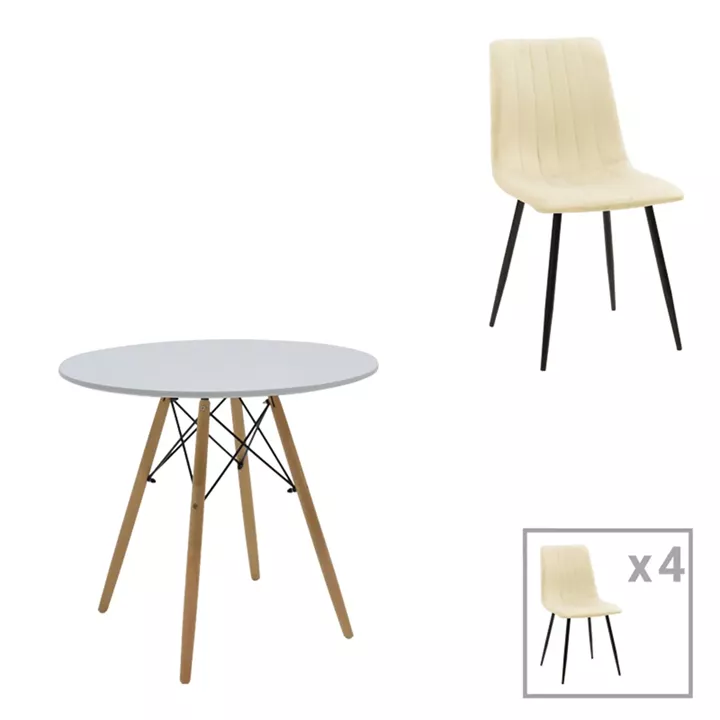 Julita-Noor pakoworld dining table set of 3 pcs MDF white-beige fabric Φ80x73cm
