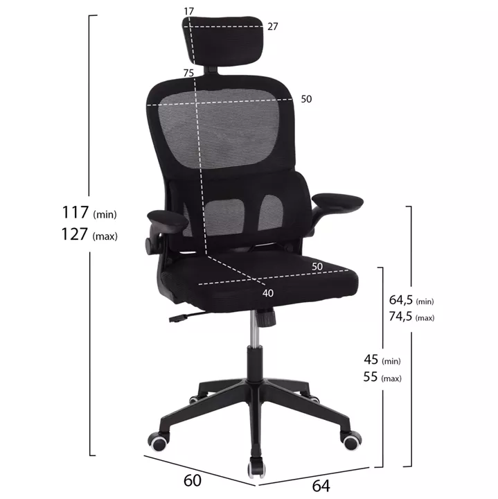 ΚΑΡΕΚΛΑ ΓΡΑΦΕΙΟΥ BASTON HM18236.01 ΜΑΥΡΟ MESH & PP ΣΚΕΛΕΤΟΣ 64x60x117-127Υεκ.