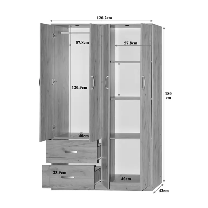 Zelia pakoworld four-leaf wardrobe with 2 drawers in oak shade 120x42x180cm