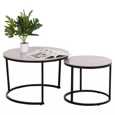 COFFEE TABLES 2PCS SET TALOS HM18140.01 GREY CERAMIC TOP-METALLIC LEGS Φ70x46Hcm.