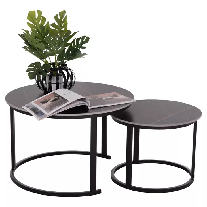 COFFEE TABLES 2PCS SET TALOS HM18140.02 BLACK MARBLE LOOK CERAMIC TOP Φ70x45.5Hcm.
