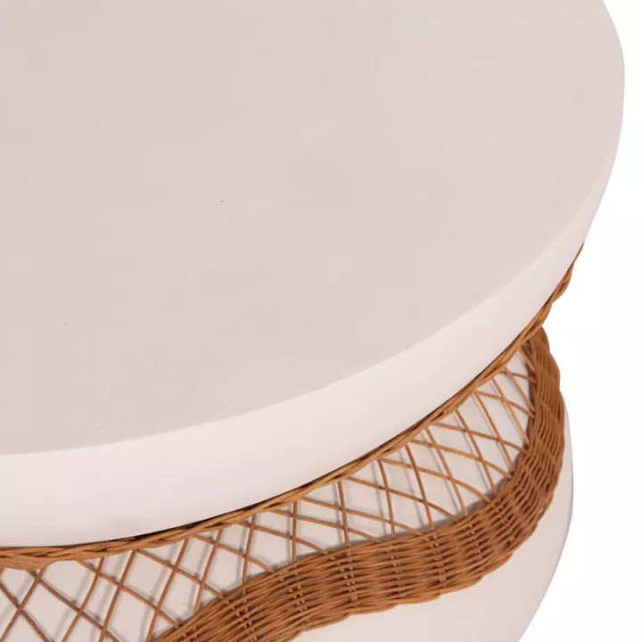 COFFEE TABLE ROUND ANNA HM18157.02 FIBER CEMENT IN WHITE-NATURAL RATTAN--Φ92x44.5Hcm.