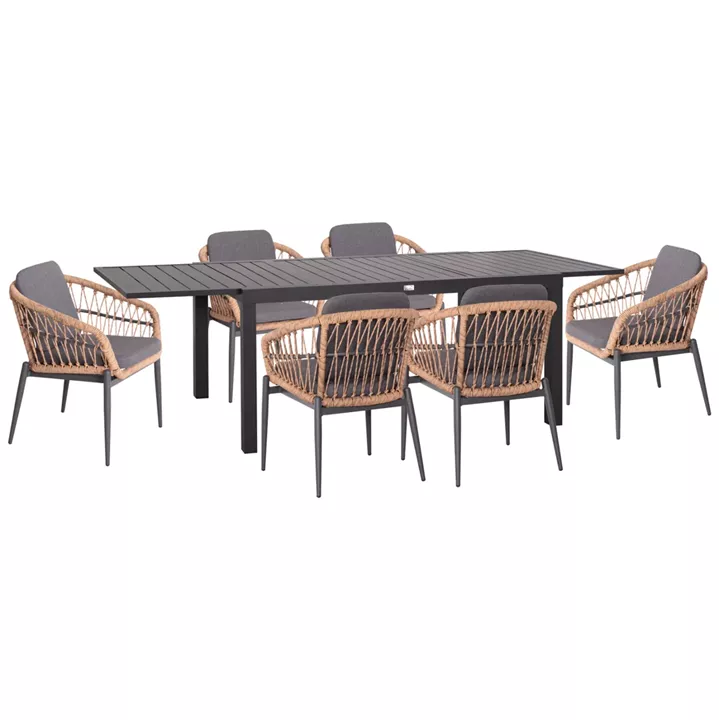 OUTDOOR DINING SET 7PCS KRUM HM21157 DARK GREY ALUMINUM--P.E. RATTAN