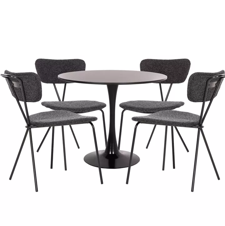 DINING SET 5PCS BROLIN HM21200 MDF TOP & METAL IN BLACK--DARK GREY FABRIC
