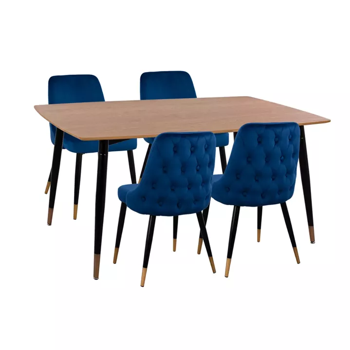 DINING SET 5PCS JOLIE HM11198.08 MDF TOP--VELVET IN BLUE & METAL IN BLACK